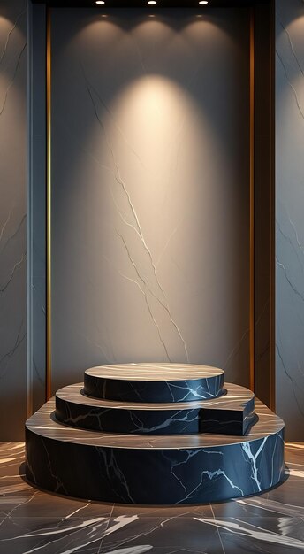 Threetiered black marble podium with spotlight in modern interior