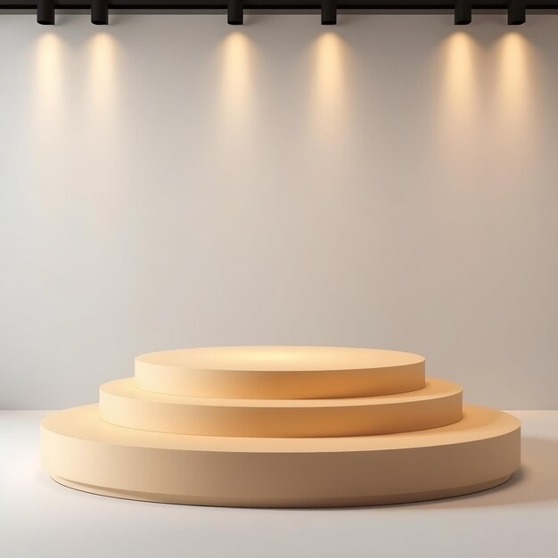 A threetiered circular podium illuminated by spotlights against a white backdrop