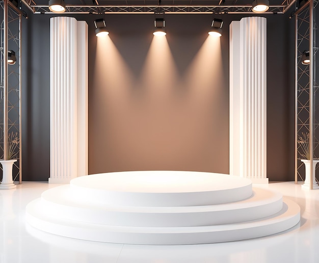 Photo threetiered round podium with spotlights in a modern interior