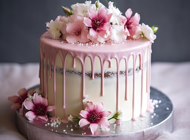 Threetiered white wedding cake decorated with flowers and green leaves on a white wooden background