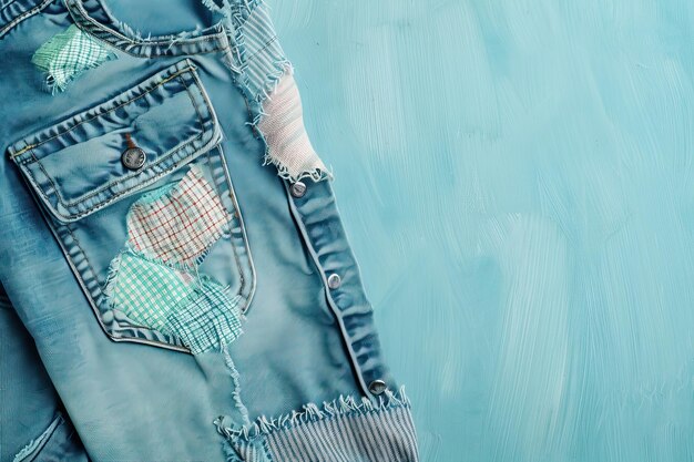 Photo thrifted blue jeans with patchwork details on a pastel background