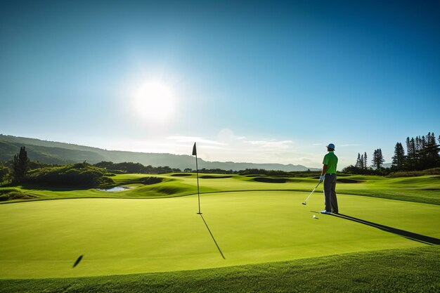 The Thrill of Lining Up a Putt with a Bright Sky Overlooking the Green Course Landscape