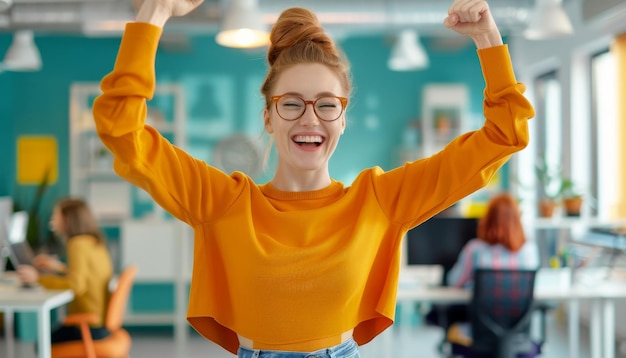 Photo thrilled employee celebrating successful solution in bright contemporary workspace