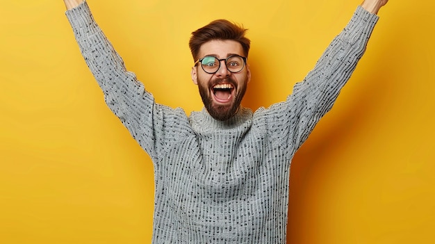 Photo thrilled young man wearing glasses