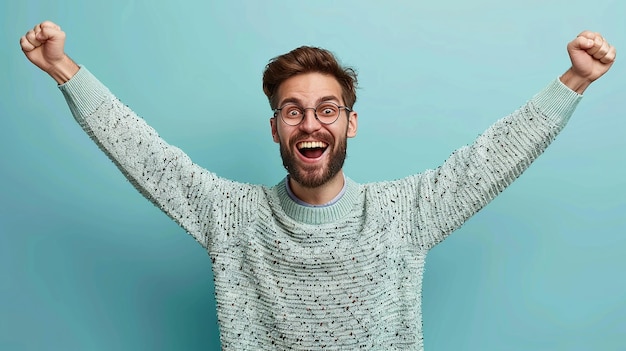 Photo thrilled young man with a beard drumming