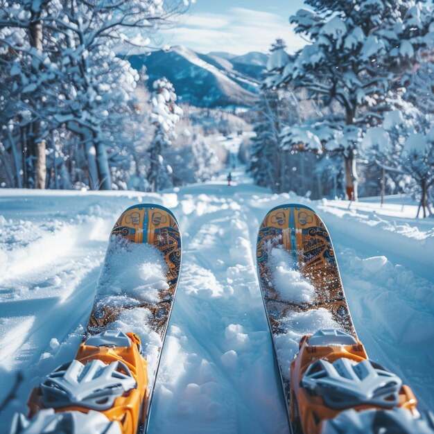 Thrilling Downhill Adventure CloseUp Skiing Shots Amidst Pristine Snowy Slopes and Equipment