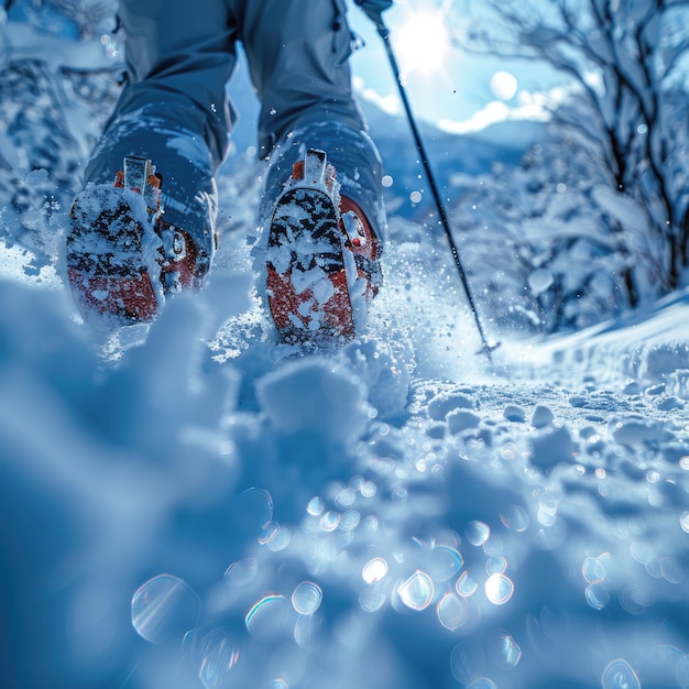 Thrilling Downhill Adventure CloseUp Skiing Shots Amidst Pristine Snowy Slopes and Equipment