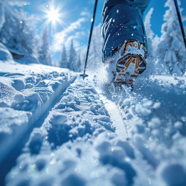 Photo thrilling downhill adventure closeup skiing shots amidst pristine snowy slopes and equipment