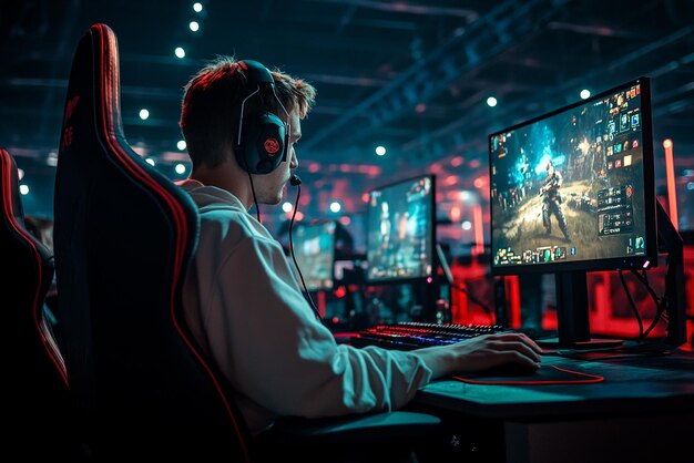 Photo thrilling esports tournament with gamers in action