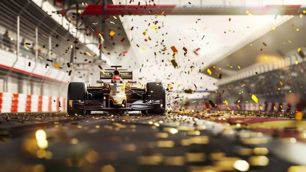 A thrilling moment as a Formula 1 car speeds past the finish line surrounded by golden confetti under an exhilarated crowd and stadium lights