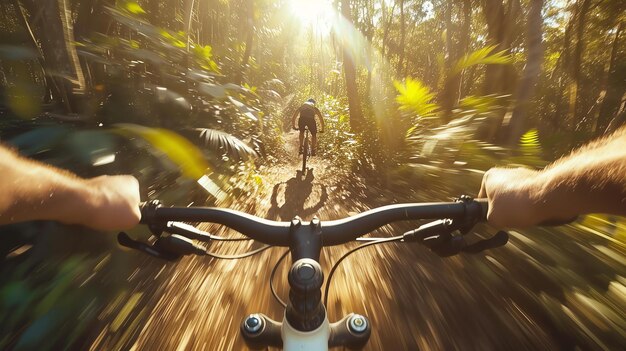 Photo a thrilling mountain biking adventure amidst a verdant forest as sunlight streams through the towering trees illuminating the exhilarating movement and fierce determination of the rider f