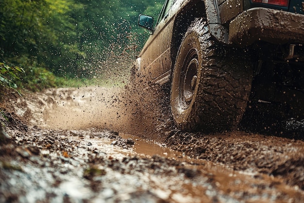 Photo thrilling offroad experience a rugged truck conquering muddied trails in a green wilderness setting and splashing water everywhere