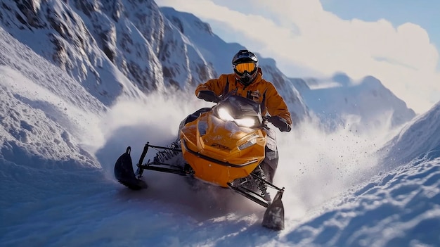 Photo a thrilling snowmobile adventure through snowy mountains