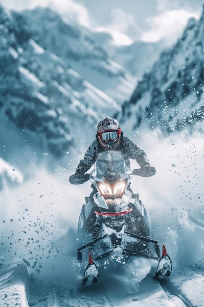 Photo thrilling snowmobile ride in snowy mountain landscape with rider in action