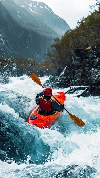 Photo thrilling sport photography of kayaking on a whitewater mountain river