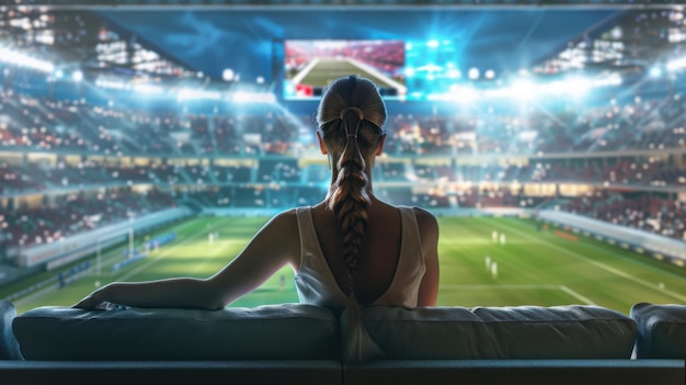 Thrilling Stadium Experience Woman Engrossed in Sports Event Spectacle