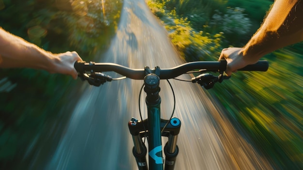 Photo a thrilling view of mountain biking as seen from a firstperson perspective rushing down a sunlit trail