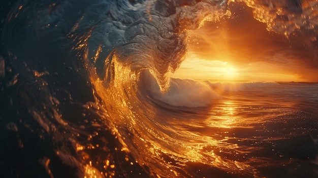 Thrilling view of a towering ocean wave with golden glowing sun in the background