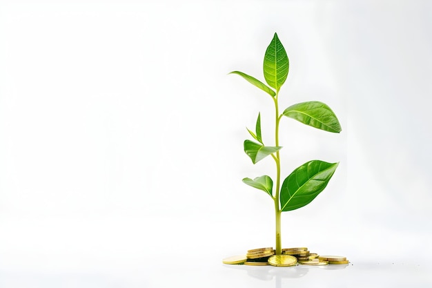 Thriving Plant Emerging from Golden Coins on Clean White Background