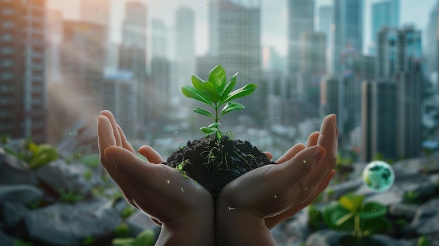 Thriving plant in hands against a clean energy city backdrop representing a nurtured zero carbon future Zero carbon technology