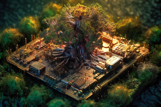 A thriving tree rooted in the convergence point of a computer circuit board symbolizing the harmony of technology and nature