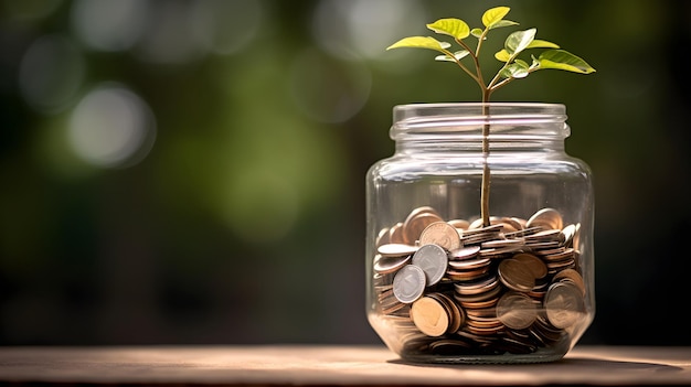 Thriving Tree Sprouting from Stack of Coins in Savings Jar Concept of Financial Growth and Saving