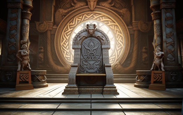 A throne in a fantasy setting with a dragon on it.