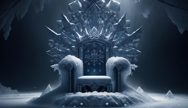 A throne made of ice with large snowflakes in the center and on the sides dark background