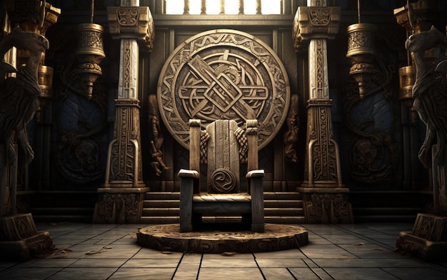 A throne in a room with a large door and a large window with the word " the word " on it.