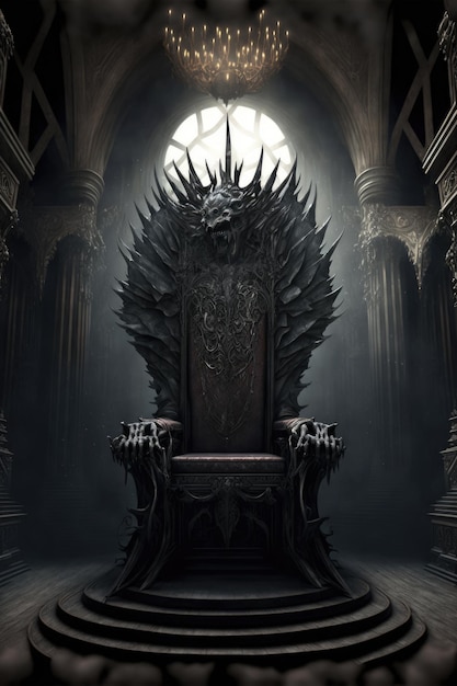 A throne with a skull on it is in a dark room.