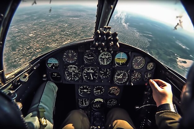 Photo through the cockpit window a breathtaking view unfolds as the fighter jet pierces through the sky the pilot's hand rests firmly on the control stick generative ai