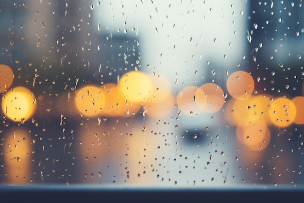 Through the glass rain drops on the window with a reflection of street lights