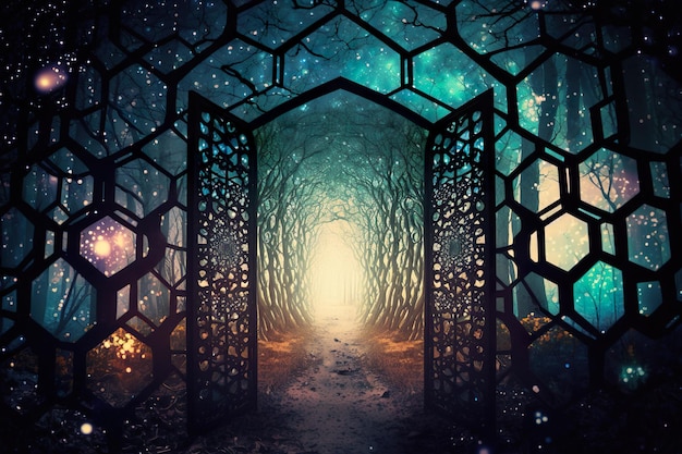 Through the Hexagonal Window A Glimpse into Various Worlds  3D ART AI Generated Illustration