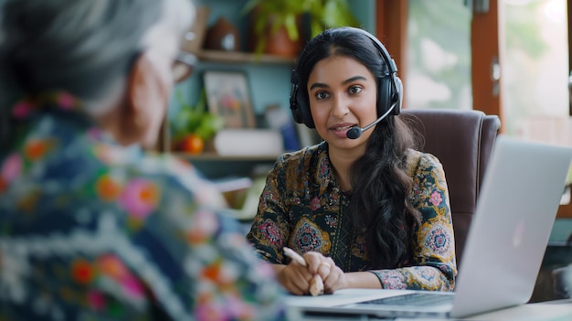 Through the virtual window of a laptop screen a young Indian woman in a headset conducts a webinar