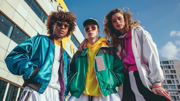 Photo throwback fashion stylish boys and girl wearing typical 90s outfits tracksuits and a generative ai