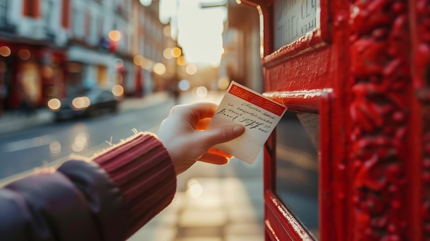 Photo throwing a letter in a red british post box from the side