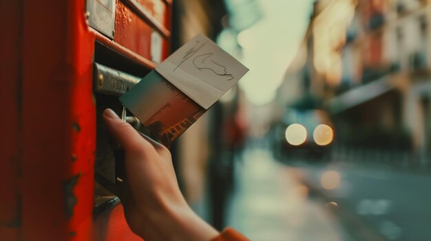 Photo throwing a letter in a red british post box from the side