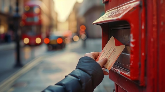 Photo throwing a letter in a red british post box from the side