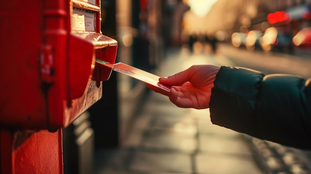 Photo throwing a letter in a red british post box from the side