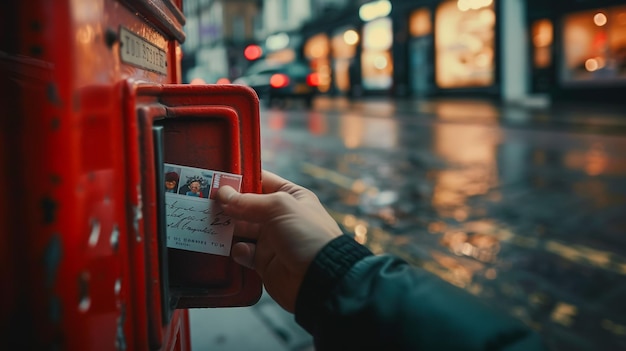 Photo throwing a letter in a red british post box from the side