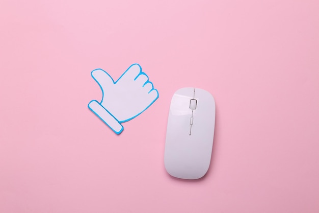 Photo thumbs up notification icon with pc mouse on pink background social media rating followers feedback