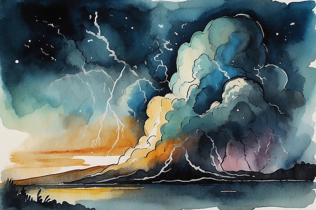 Thunder Cloud Lightning HandDrawn Ink Watercolor