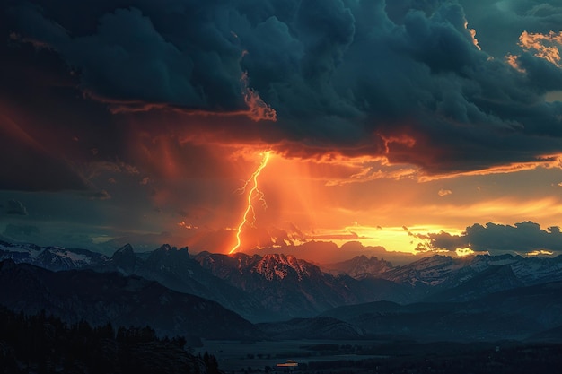 thunder storm lightning bolt thunder lightning struck snowcapped peaks of the majestic mountain emer