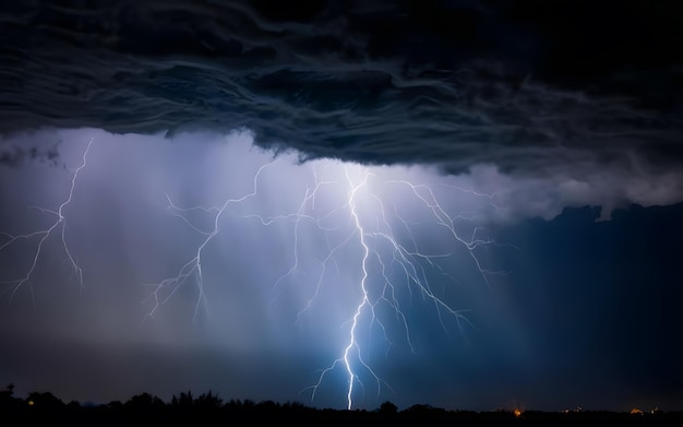 Thunder strike on City black Cloud on the Sky background