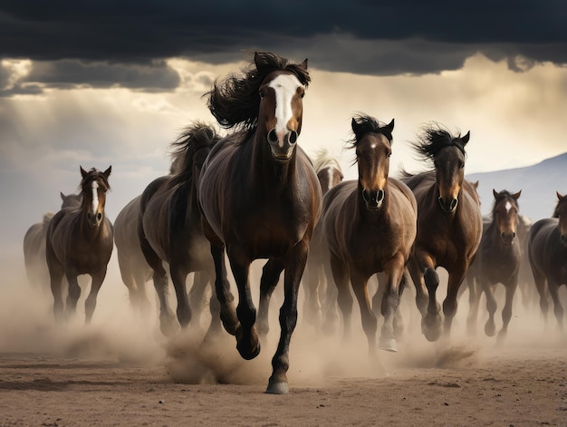 Thundering Herd of Horses Charging Through Dust