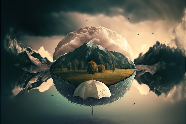 Thunderstorm above huge fantasy umbrella floating above nature landscape created with generative ai