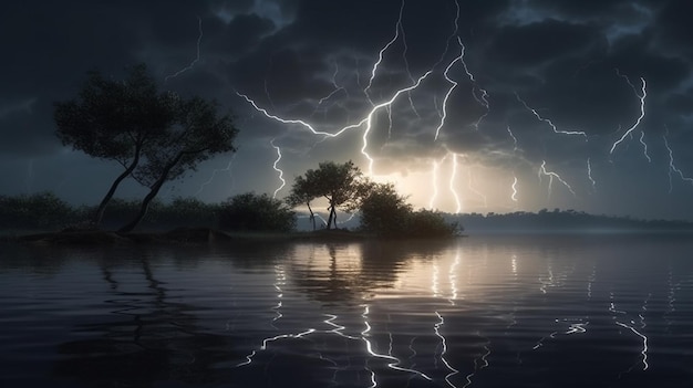 Thunderstorm over the lake at nightgenerative ai