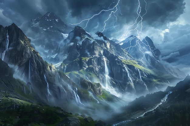 Thunderstorm Over Mountain Range With Waterfalls