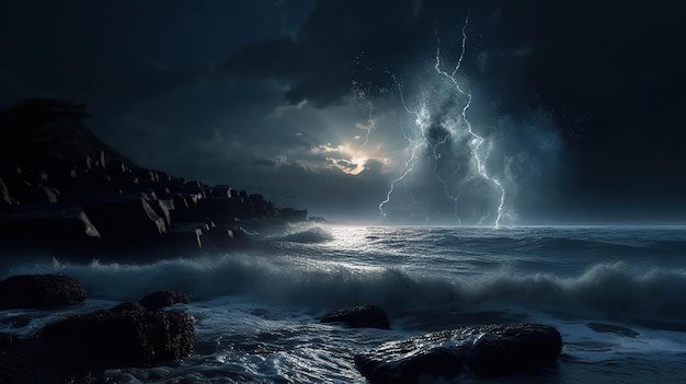 Thunderstorm over storm waves on the sea with dramatic clouds generative ai