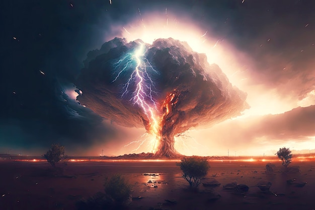 Thunderstorm supercell with giant lightning natural disaster  made with generative ai